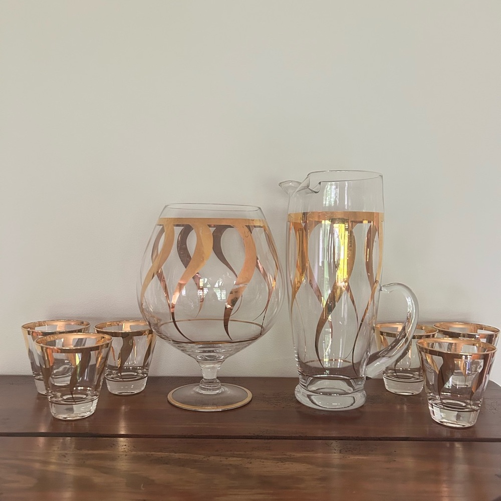 Vintage 50s Dorothy Thorpe Gold Ribbons MCM Brandy Snifter & Glass Cocktail Set